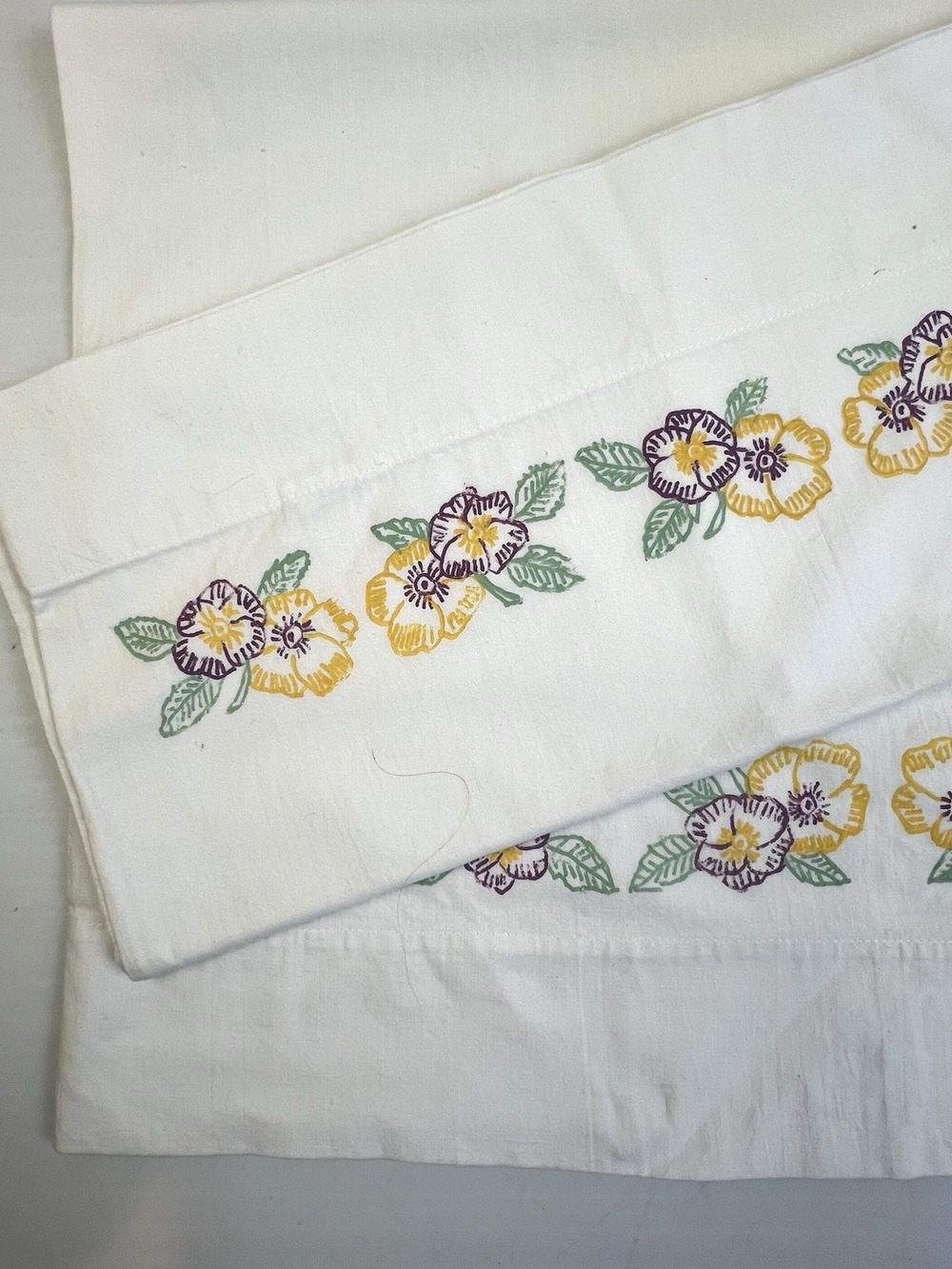 VIntage Stamped Embrodierey Pillow Cases Floral Pansy 30 x 21 White Cotton